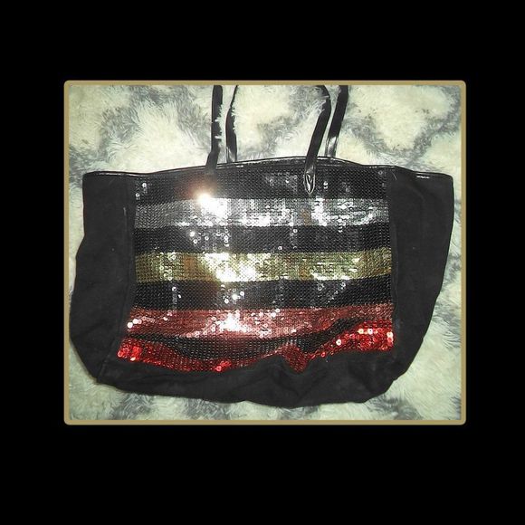 VICTORIAS SECRET LOVE BLACK BLING SEQUINS TOTE BAG TRAVEL WEEKENDER OVERNIGHT - Picture 1 of 5